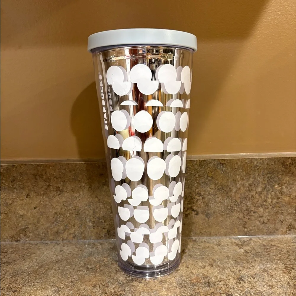 Starbucks Mirror White Polka Dot Venti 24 oz Cold Cup Tumbler W/Lid No Straw